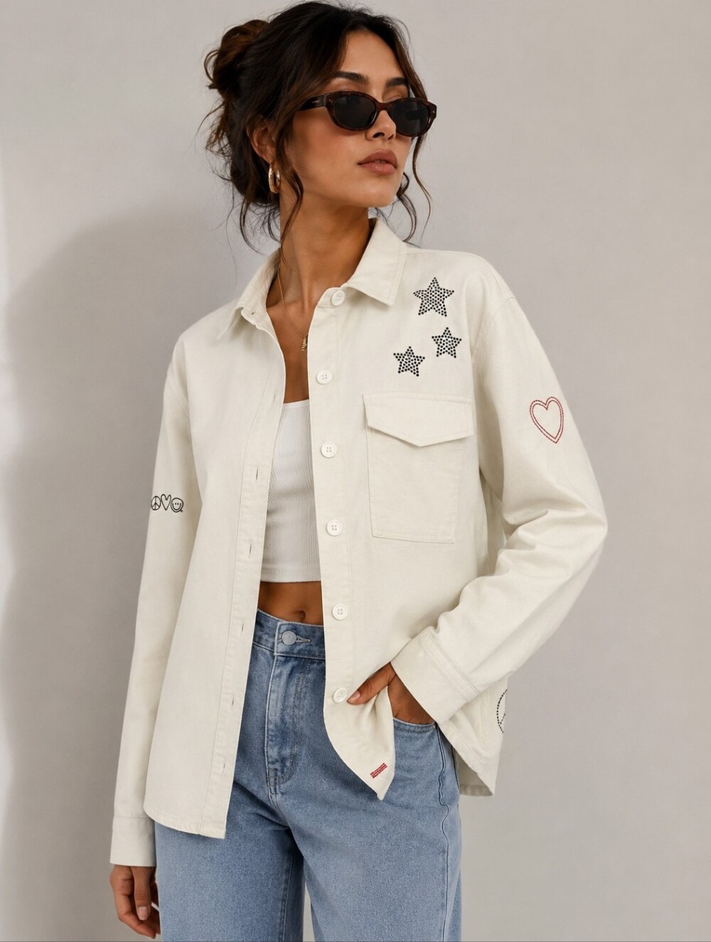 Peace Love World White Studded Star Utility Jacket Shacket Cotton Oversized Y2K